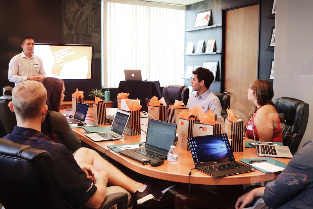 A team collaborating in a bright office